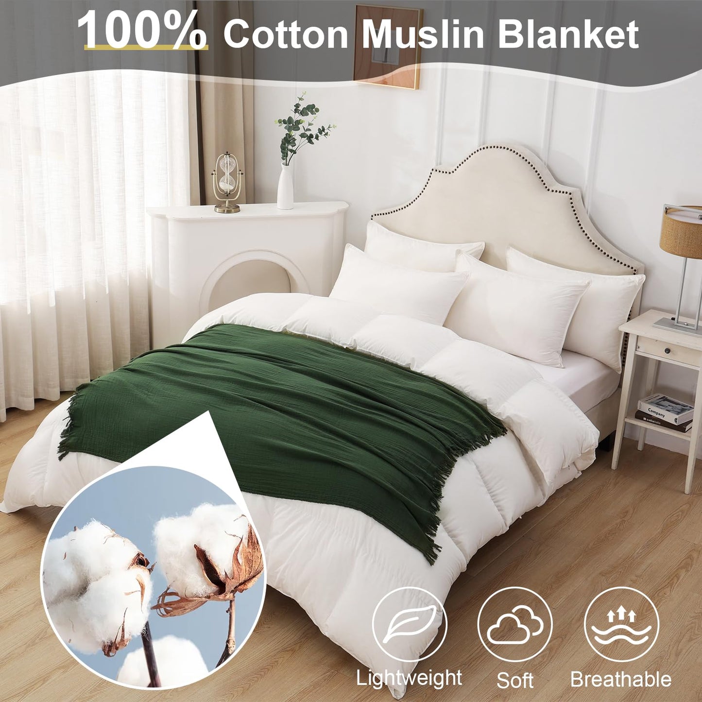 Yoenillo Cotton Muslin Throw Blanket with Tassels, Lightweight Woven Gauze, Pre-Washed Breathable Farmhouse Decor for Bed, Couch, All-Season Use (Olive Green, 50" x 60")