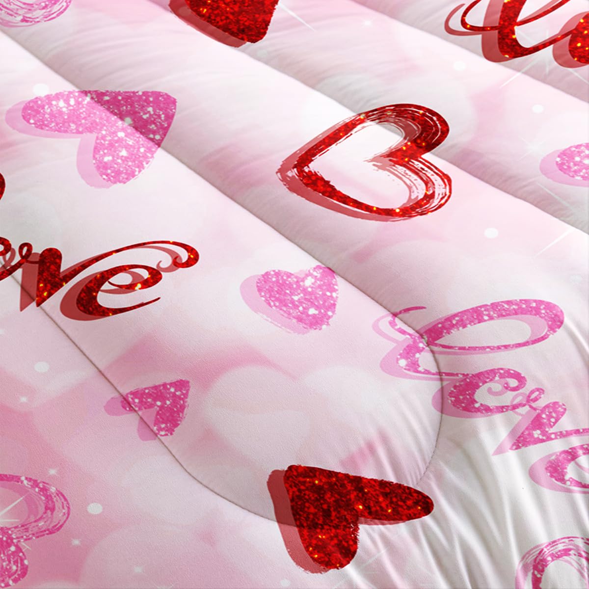 Nttopship Pink Love Heart Comforter Bedding Set with 2 Pillowcase Twin Size Pink Girl Comforter Set for Kids Boys Girls Bedroom Decor