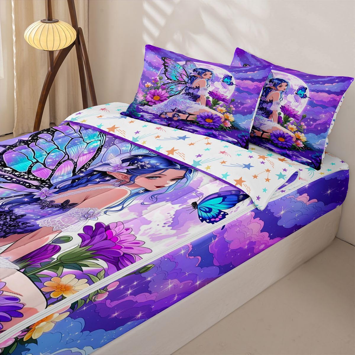Erosebridal Floral Girly Zip Up Bedding Comforter Sets Twin Size, Butterfly Anime Girl Comforter in One Zipper - Romance Flowers Bedding Set with Pillowcases