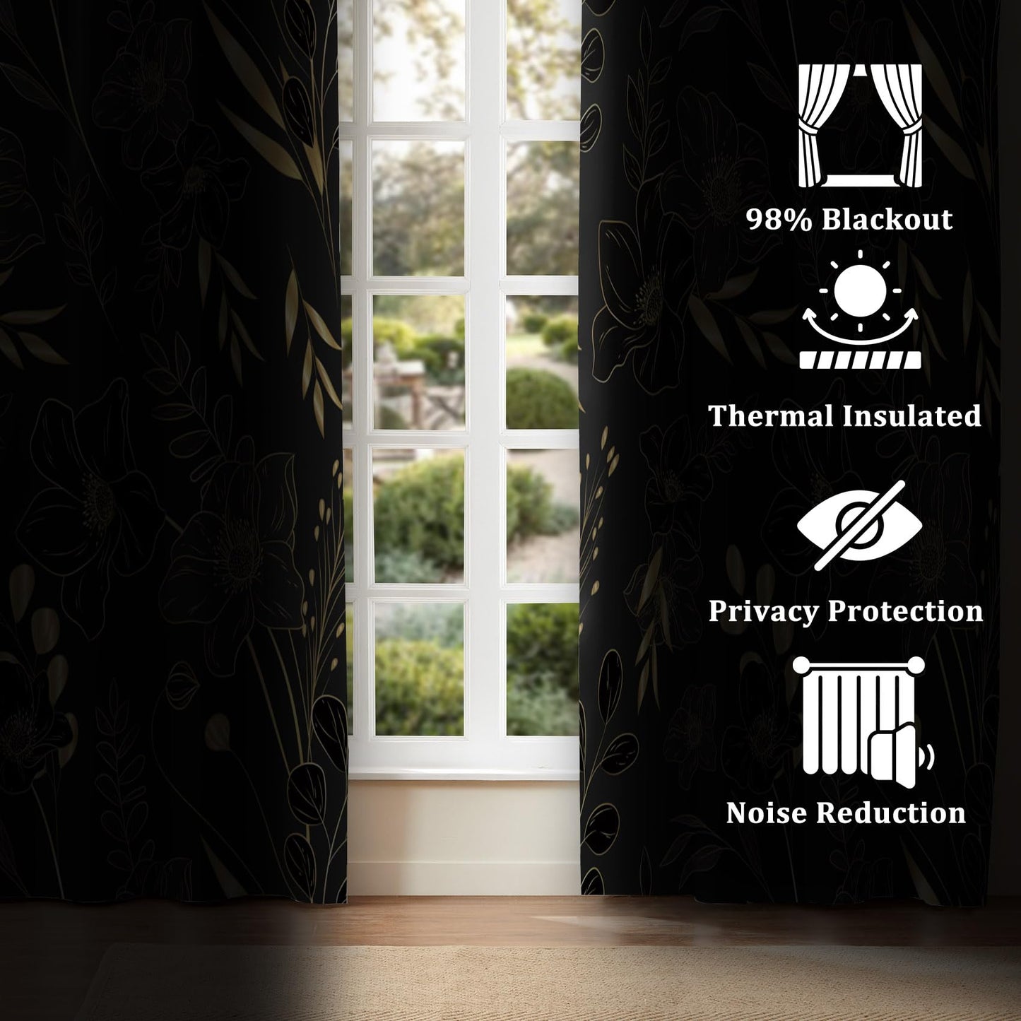 Renaiss 42 x 84 Inch Black Gold Floral Blackout Curtains for Bedroom Printed Gold Stroke Flower Curtains French Country Grommet Window Treatment Curtain Farmhouse Drapes Black Liner 2 Panels
