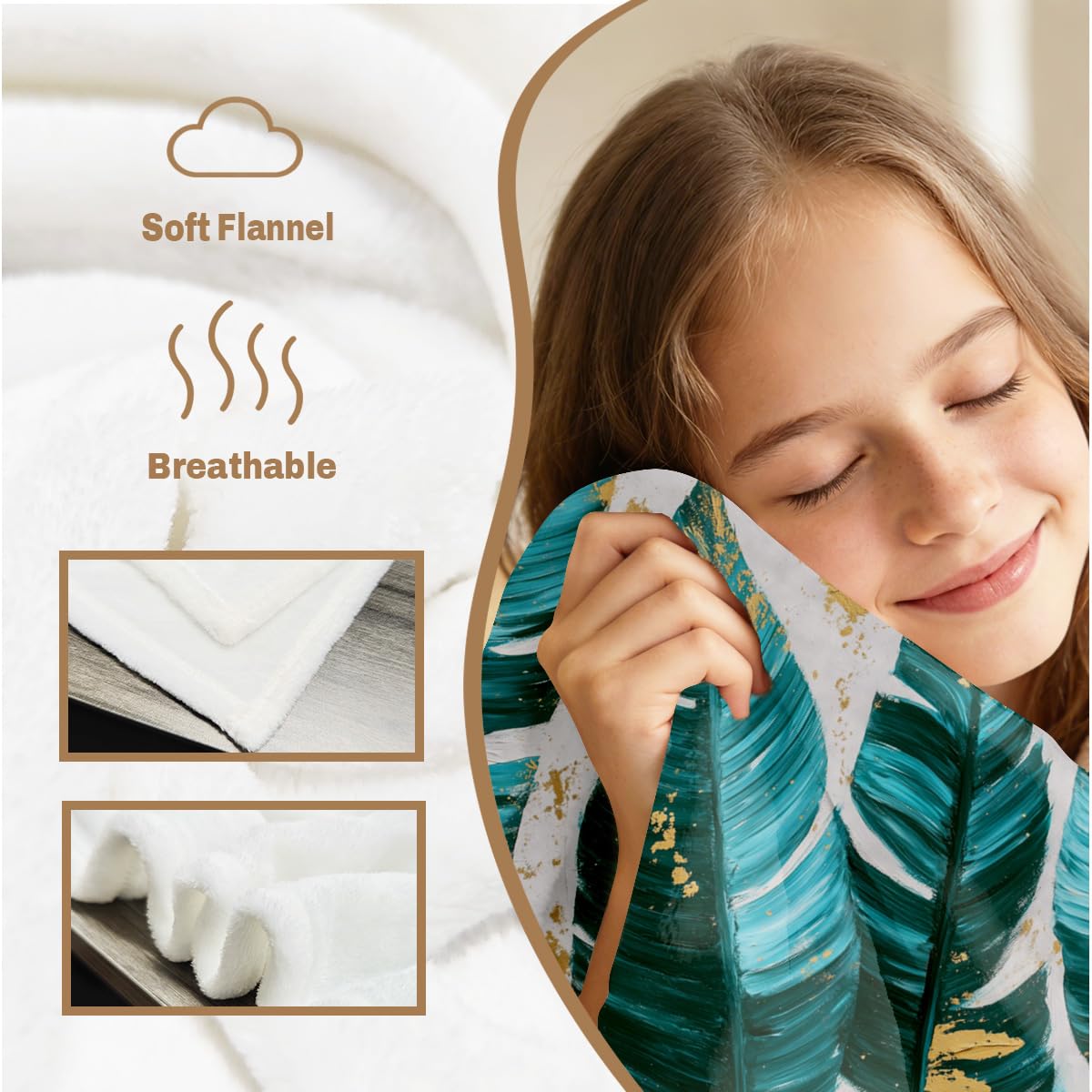 HUNXIAOJ Tropical Blankets and Throws Tropical Plant Blanket for Couch Bed Room Home Decor Tropic Leaf Throws Teal Gold Botanical Decor Flannel Gifts for Women Adults Kids 49"x59"