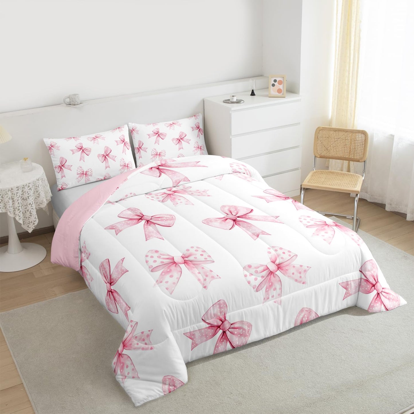 Erosebridal Pink Bow Kids Bedding | Coquette Bowknot Full Comforter Sets,Princess Girls Ribbon Bowtie Comforter Watercolor Cute Duvet Insert with 2 Pillow Cases