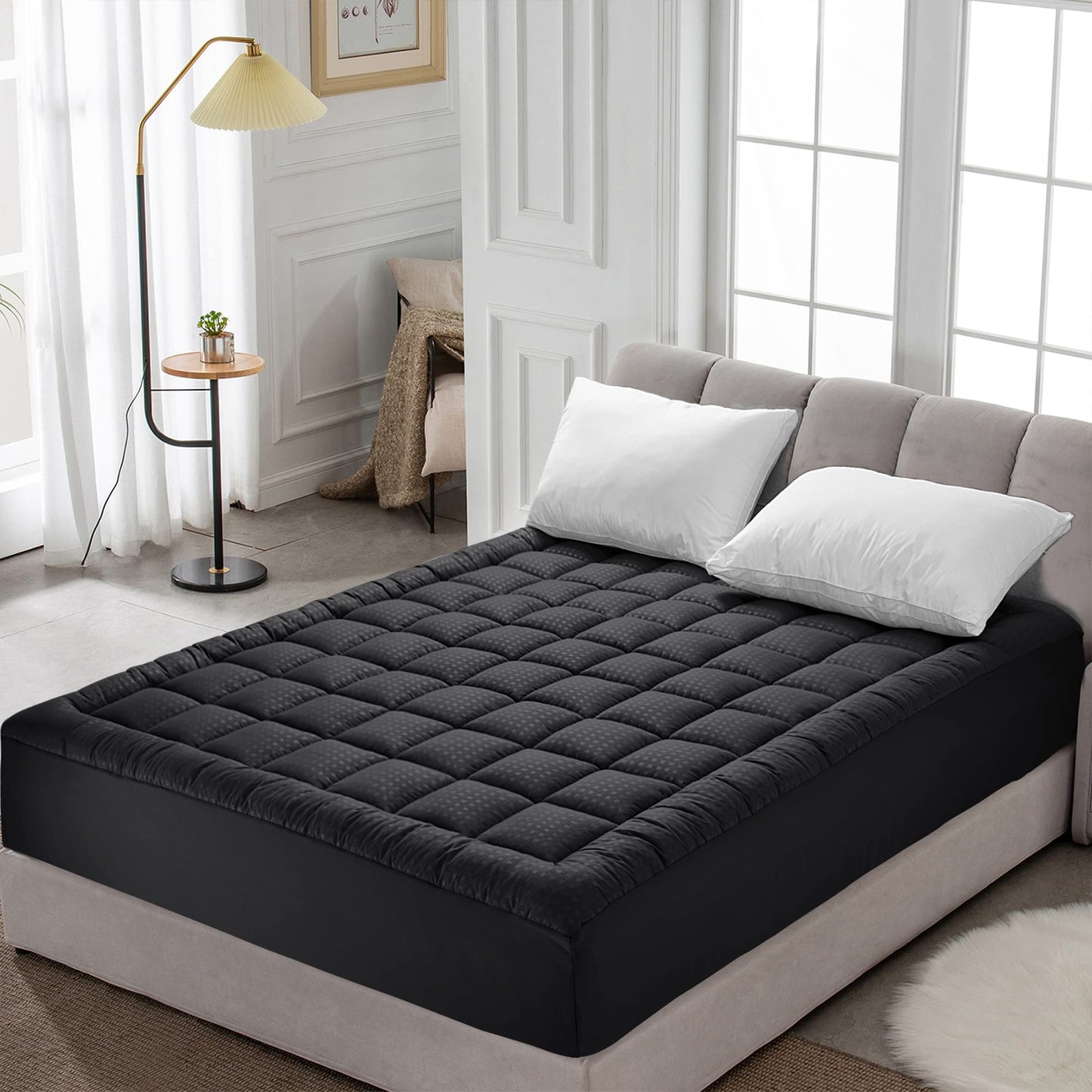 HYLEORY Twin Mattress Pad Quilted Fitted Mattress Protector Cooling Pillow Top Mattress Cover Breathable Fluffy Soft Mattress Topper with 8-21" Deep Pocket, Black