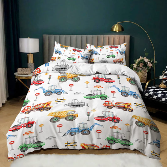 CVHOUSE Excavactor Bedding Queen Size,Construction Excavactor Bedding Set Boys Kids Teens,Truck Excavactor Comforter Set Cover Soft,1 Duvet Cover 2 Pillowcases 3 pcs,Boy's Bedroom Decor Queen 89'x89'