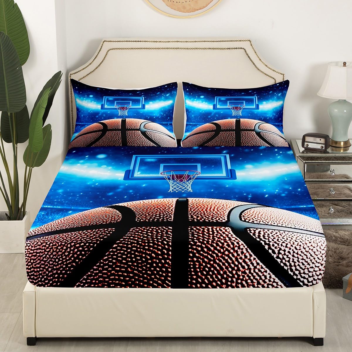 Basketball Bedding Set Sports Theme Basketball Court Print Fitted Sheet for Boys Teens Bed Sheet Set,Kids Child Bedroom Blue Print Soft Lightweight,Decorative 2 Pcs Twin Size