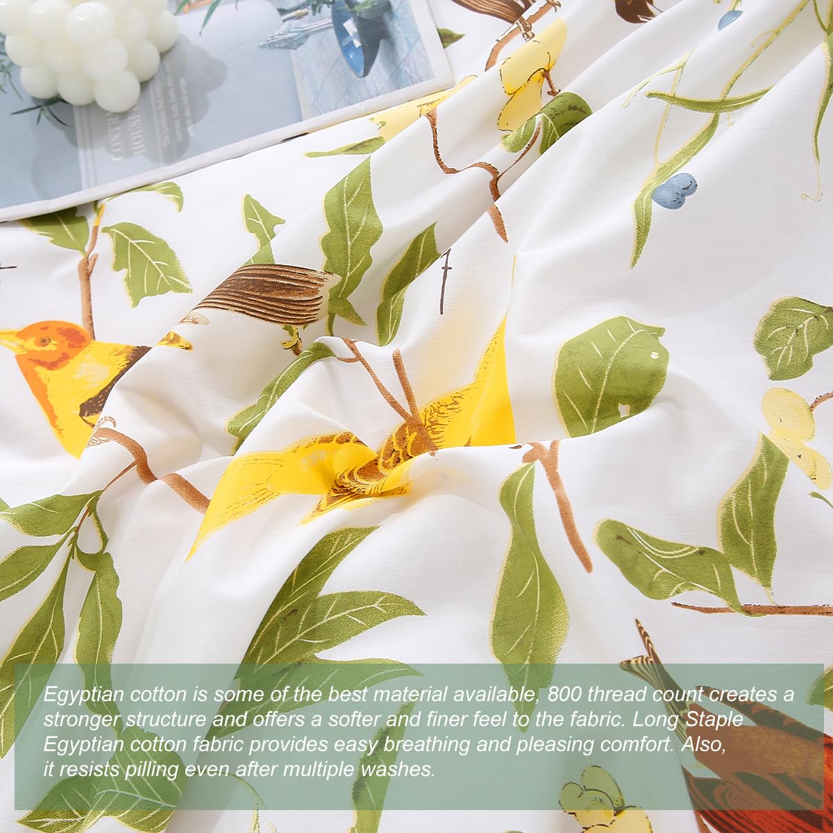 URBONUR Birds Duvet Cover Set Twin Size, 100% Cotton Cute Bird Comforter Fall Leaf Printed Bedding Set for Kids Children, Breathable Duvet Cover Sets Bedding 3 Pc