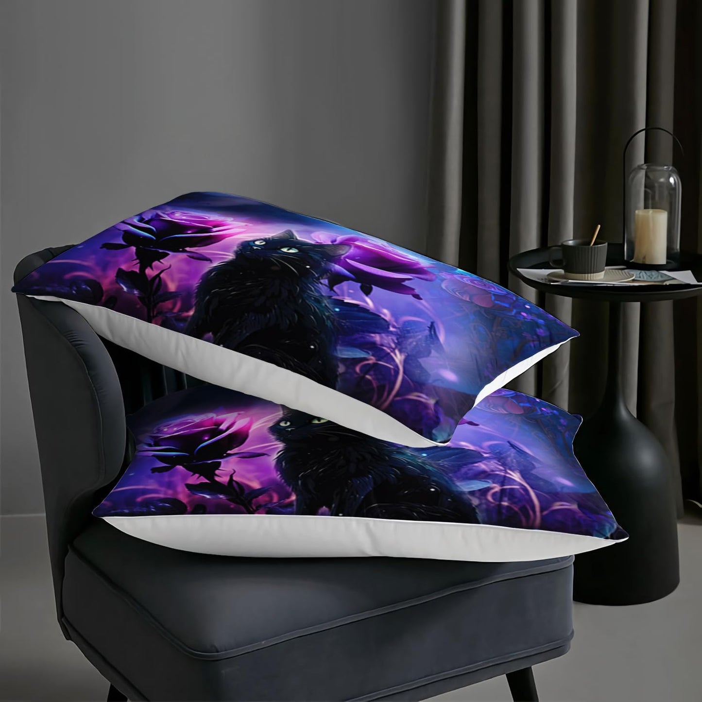 AILONEN Cartoon Black Cat Comforter Set Queen Size, 3D Purple Rose Bedding Set for Girls Women Bedroom Decor,Starry Night Planet Duvet Set,3 PCS, 1 Quilt 2 Pillowcases