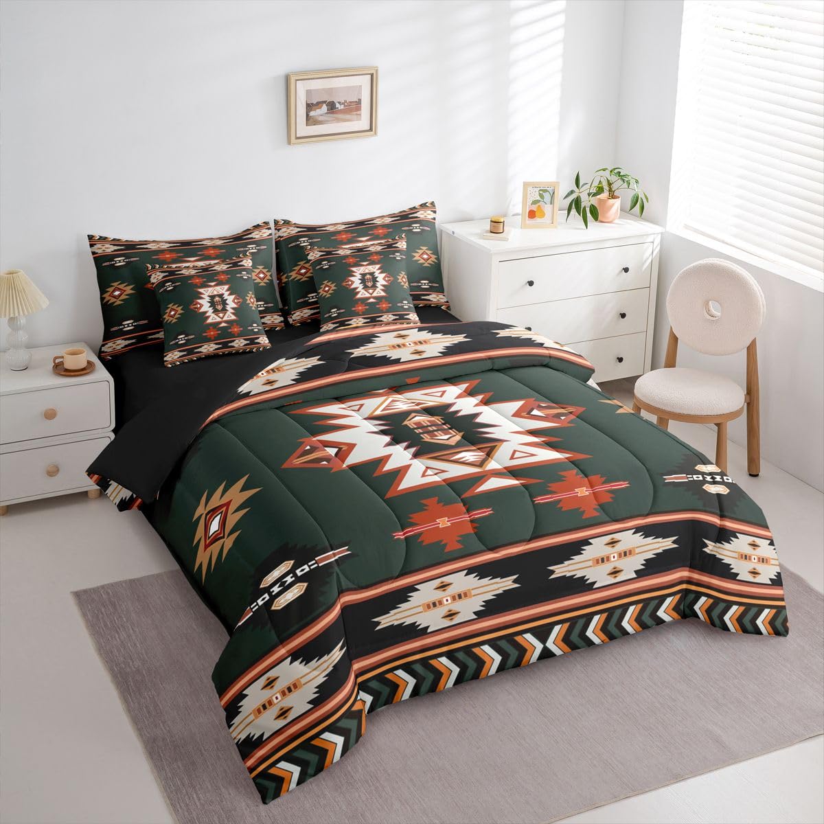 Erosebridal Western Twin Comforter Set with Sheets | Boho Decor Geometric 7 Piece Bedding Set Bohemian Aztec Bed in a Bag, Ethnic Tribal Arrow Room Decor,Green
