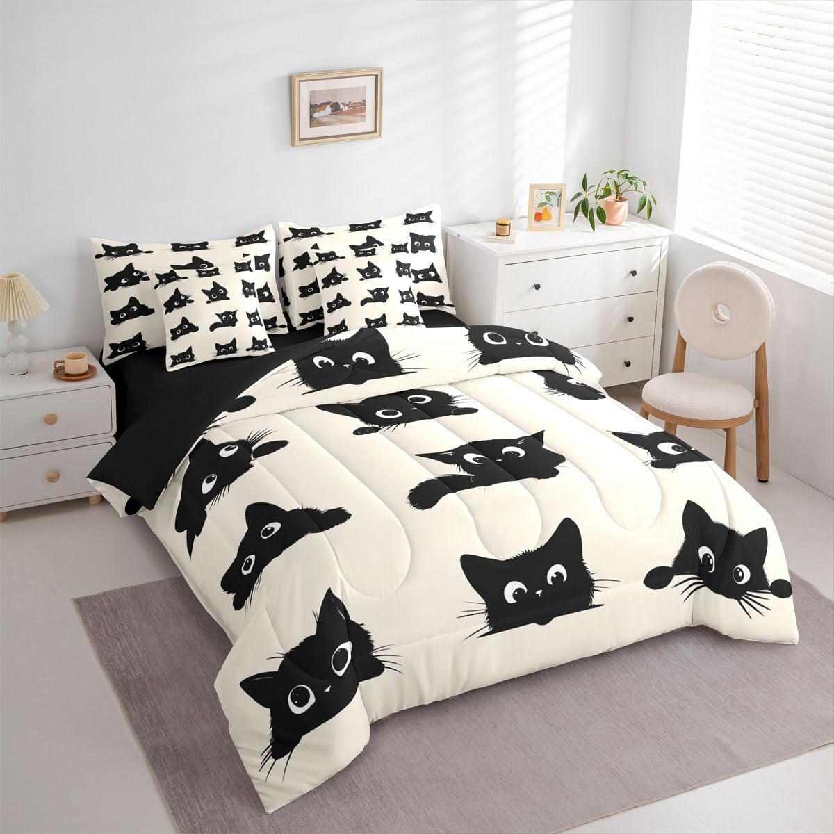 Erosebridal Cute Cat 7-Piece Bedding Set Full Size for Kids Boys Girls (Black and Beige) - Funny Black Cats Bed in a Bag Cartoon Kitten Animal Comforter Set with Sheets Cute Cat Duvet Insert