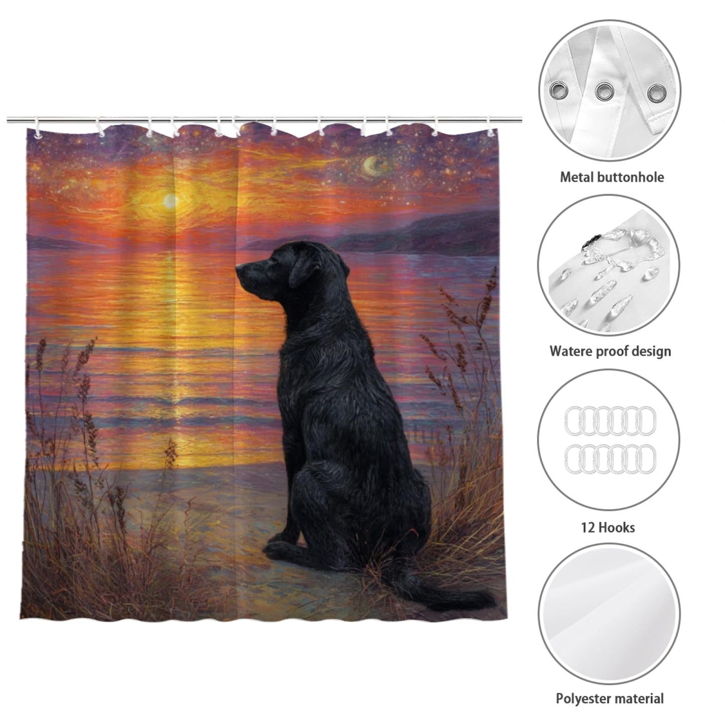 Wordatu Black Labrador Dog Shower Curtain on Sunset Sunrise Beach Seascape Art Shower Curtain Set, Nautical Ocean Bath Accessories Coastal Seaside Bathroom Decor 72x72 Inches