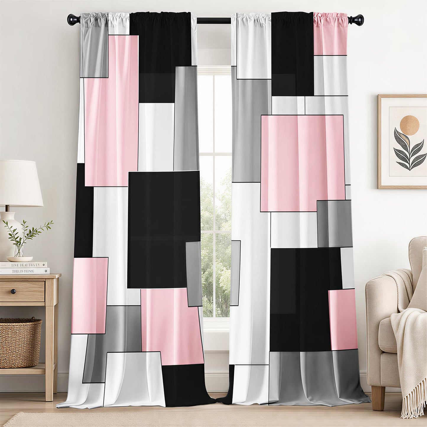 XFLINGBAO Pink and Black Curtains 84 Length for Living Room Modern Pink Black Geometry Curtains Grey Abstract Rod Pocket Curtain for Bedroom Kitchen Girls Room Window Drapes 2 Panels