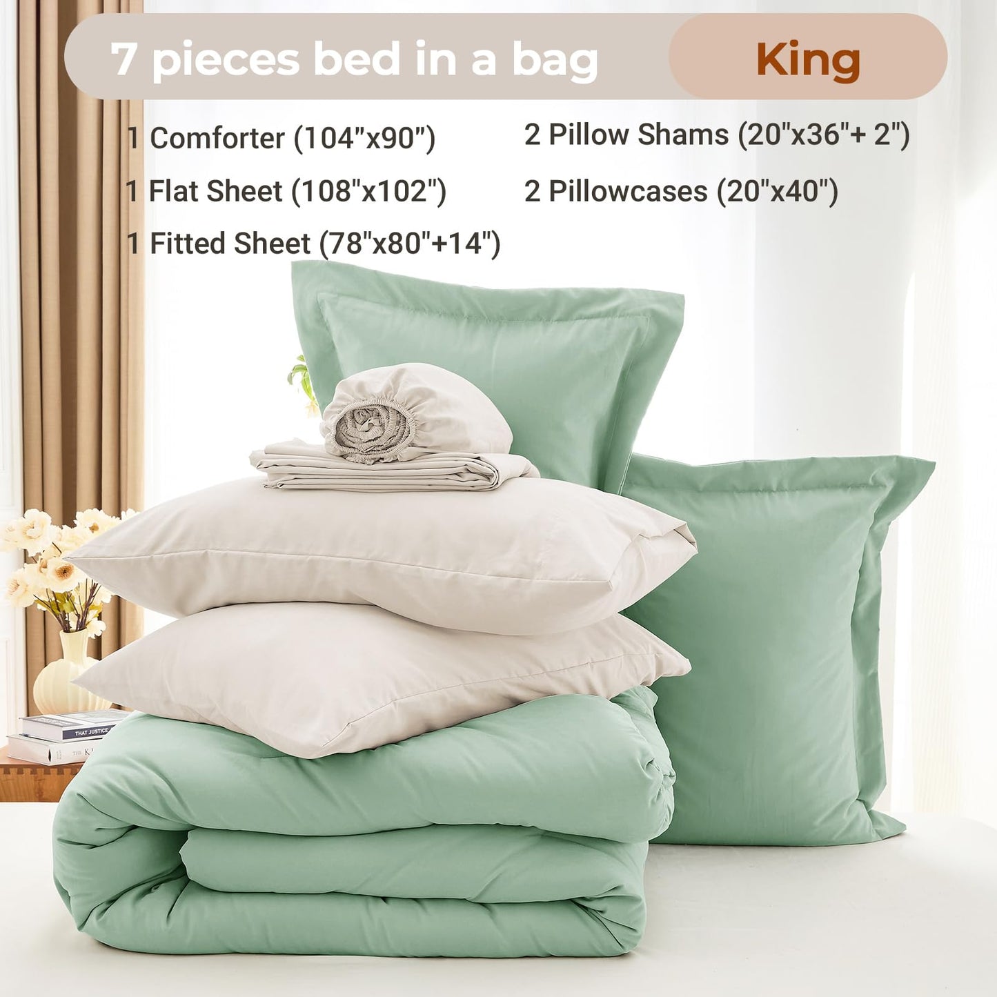 MUXHOMO 7 Pieces King Comforter Set, Soft Bed in a Bag King Size, All Season Bedding Set with Comforter, Flat Sheet, Fitted Sheet, Pillowcases & Shams, Sage Green & Beige