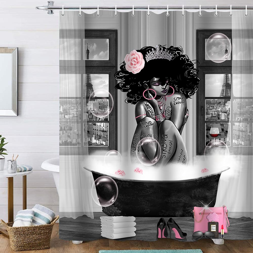 KOKGYM 4Pcs African American Shower Curtain Sets with Rugs, Black Girl Shower Curtain for Bathroom Decor Sets with Paris Eiffel Tower Art Pattern, Grey Waterproof juego de baño, with 12 PCS Hooks