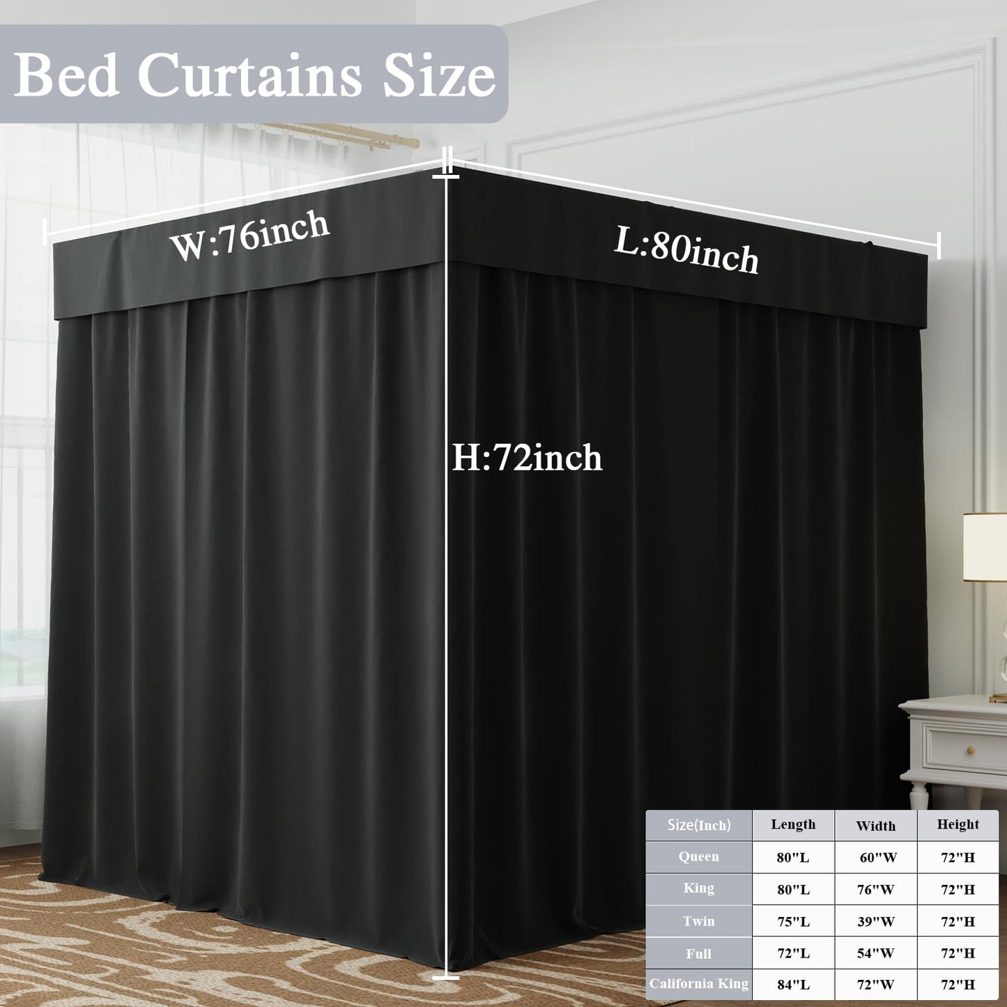 Hvqic Black Canopy Bed Drapes - 4 Corner Post Canopy King Bed Curtain Lightproof Drapes Bed Canopy for Adults & Girls Bedroom Decoration (King, Black)