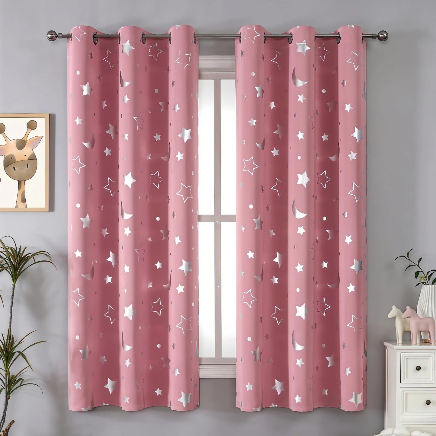 SENEETO Star Moon Kids Blackout Curtains, Pink, 52 x 72 Inch