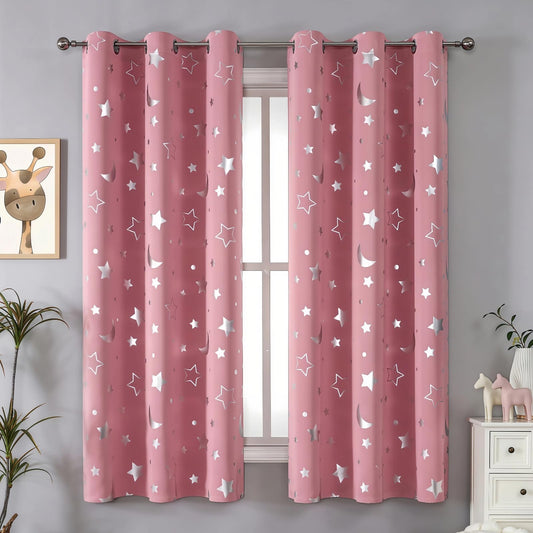 SENEETO Star Moon Kids Blackout Curtains, Pink, 52 x 72 Inch