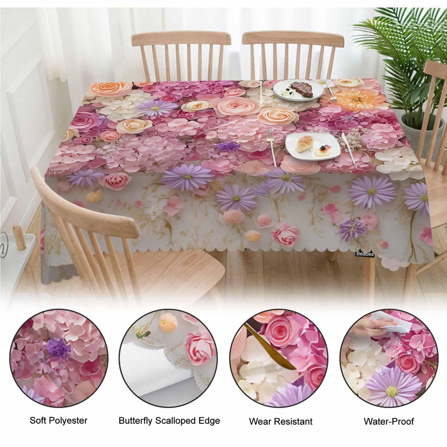 Beabes Rose Dinner Tablecloth Table Cover, Pink Wall Floral Roses Peonies Blossom 52x70 Inch Table Cloth Dust-Proof Table Cover Protector for Home Restaurant Picnic Camping BBQ