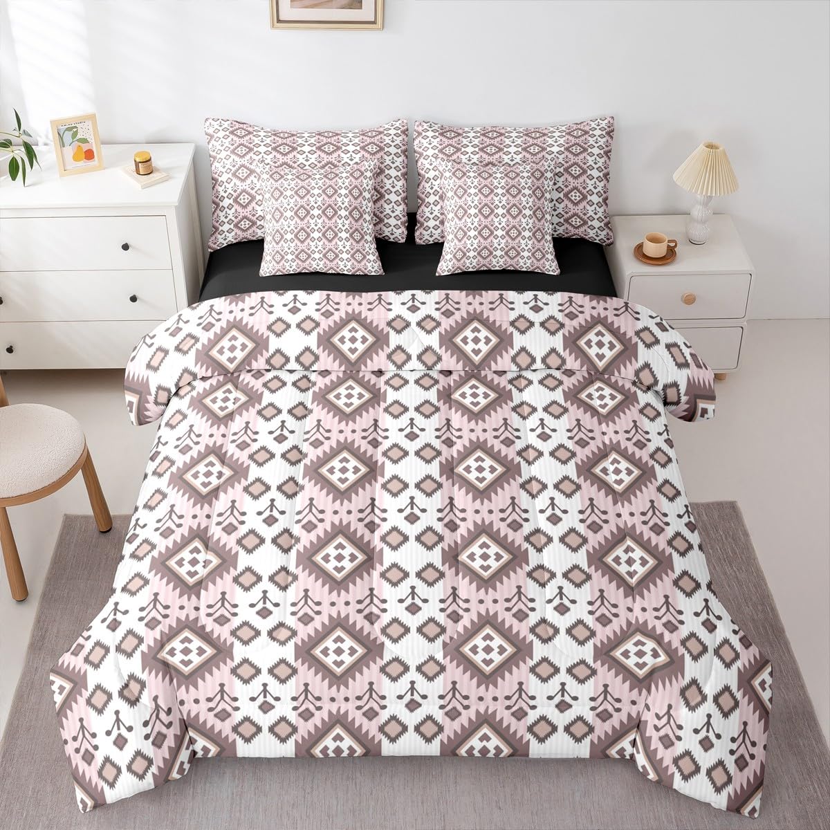 Erosebridal 7 Pcs Country Western Bedding Set King Native Aztec Southwestern Comforter Set Boho Exotic Bed in A Bag for Adults Bohemian Mexican Diamond Quilt with Flat Fitted Sheet