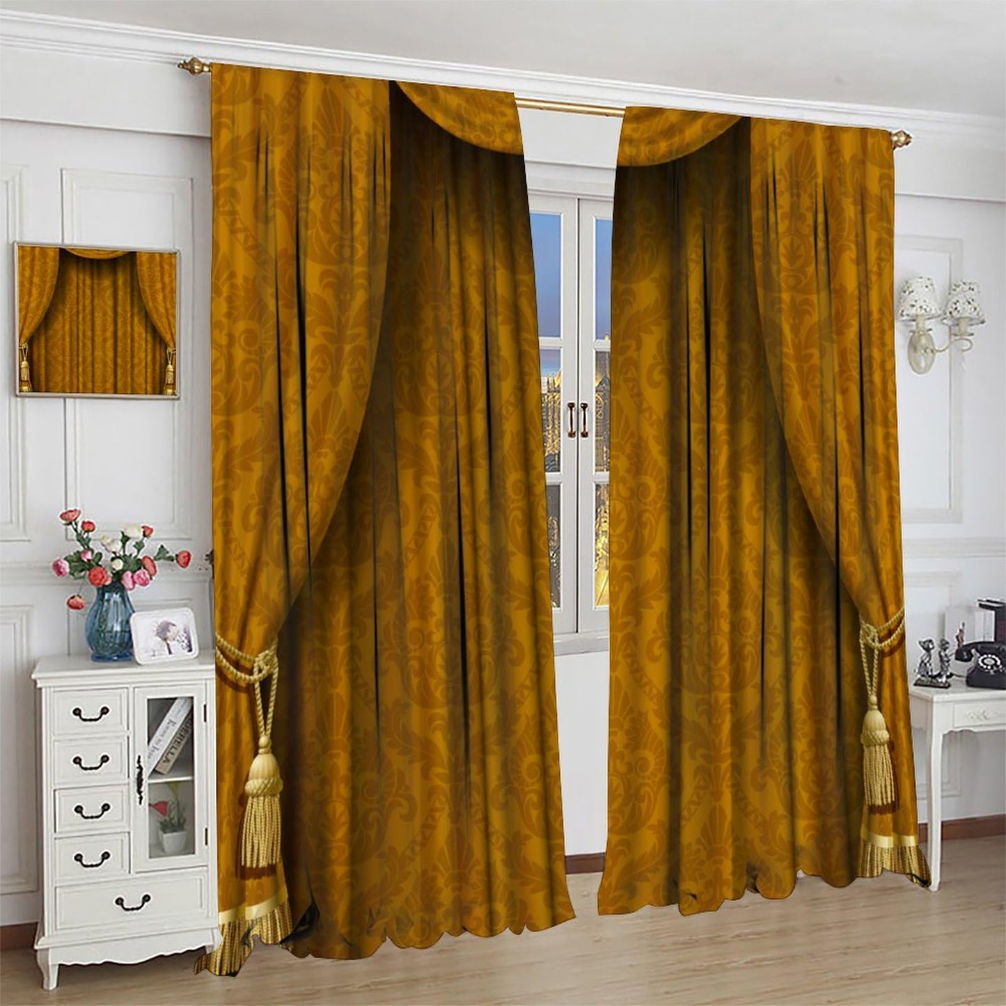 Nitmbi Victorian Curtains，Grand Opening Showroom Cinema Theater Background Print Retro Pattern Drapes Window 2 Panel Rod Pocket Curtain for Bedroom Living Room Decor 20.5" W X 45" L No Blackout