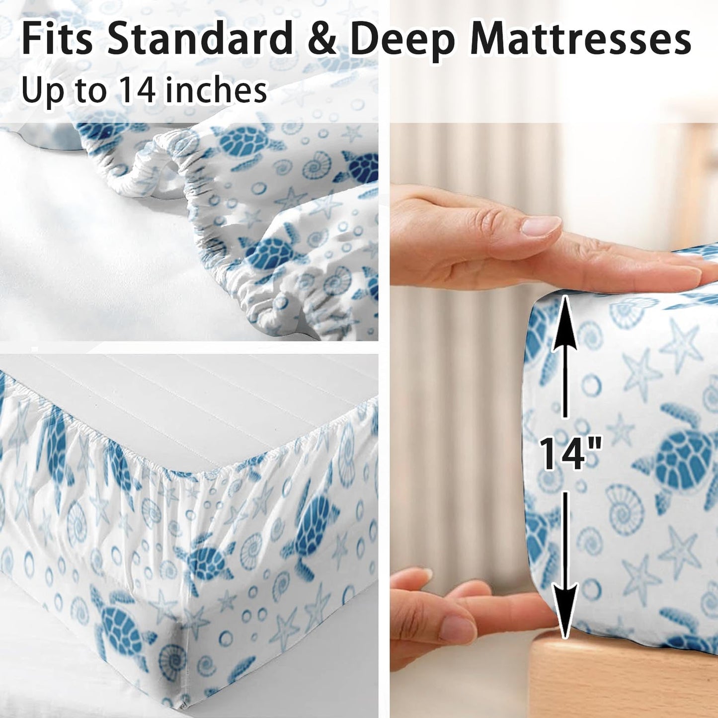 Pamnest Queen Size Bed Sheet Sets, Sea Turtle Ocean Soft Microfiber 4 Pcs Bedding Sets for Kids and Adults Bedroom Bed Decor, Animal Starfish Beach Flat, Fitted Sheet and 2 Pillowcases