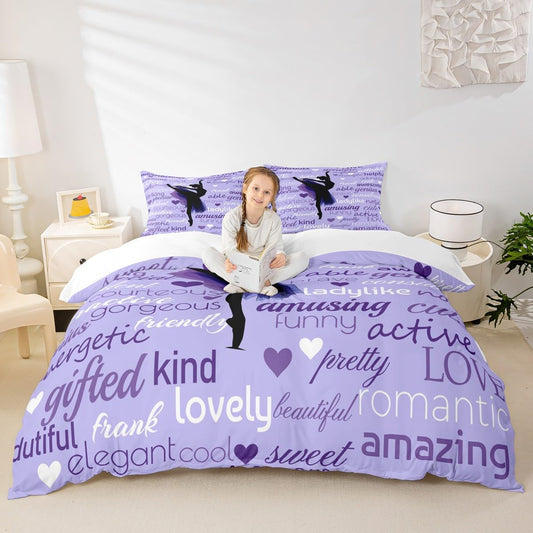 Gymnastics Ballet Lovers Duvet Cover Set Queen,Beauty Silhouette Bedding Set 3pcs for Kids Teens Adults Room Decor,Inspirational Quotes Comforter Cover Purple Romantic Quilt Cover with 2 Pillowcases