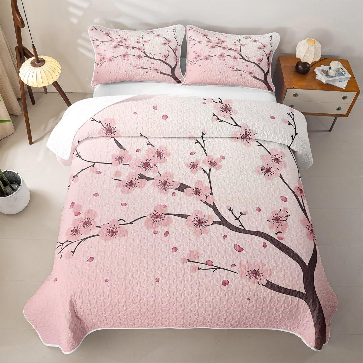 Erosebridal Girl Cherry Blossoms Quilt Queen Japanese Style Quilt SetPink Flowers Quilted Bedspread Branches Plant Floral Bedding Coverlet with 2 Pillowcases