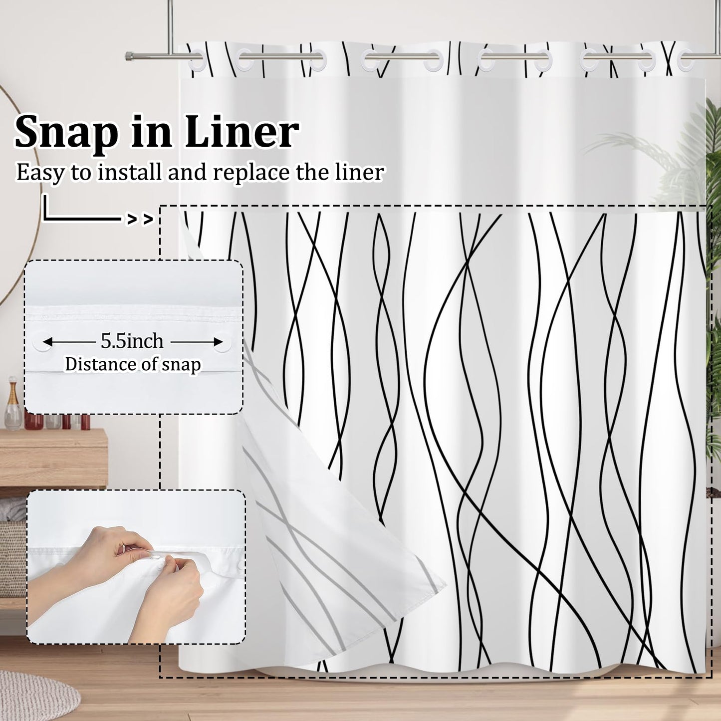 Velaequezii No Hook Shower Curtain with Snap in Liner Set Black White Striped Bath Curtain Double Layers Waterproof Washable Fabric with See Through Mesh Top Window for Bathroom Hotel 71x74 Inch