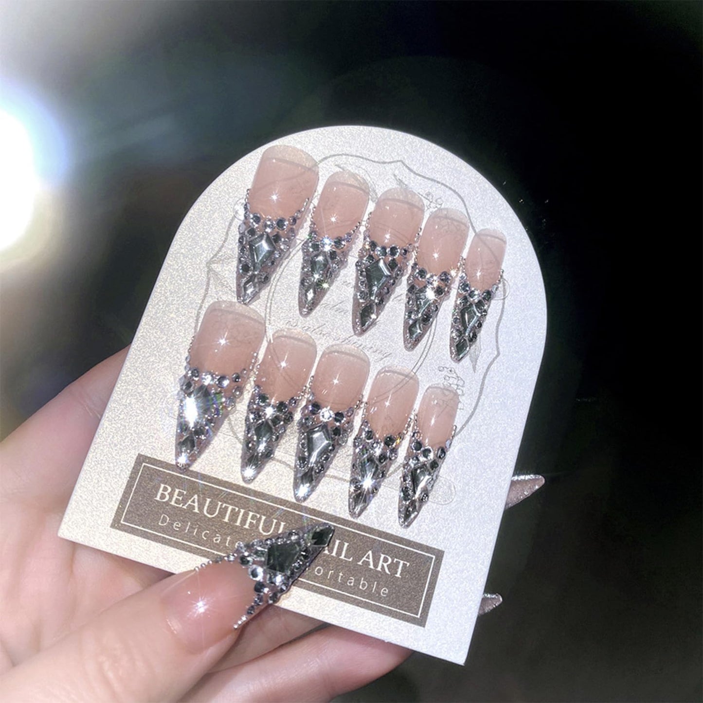 SINHOT Luxury Press on Nails - Long Stiletto Fake Nails, Glossy Finish, French Tip & 3D Rhinestones Design, DIY Artificial False Nail Art - 24 Pcs Nail Kit with Glue