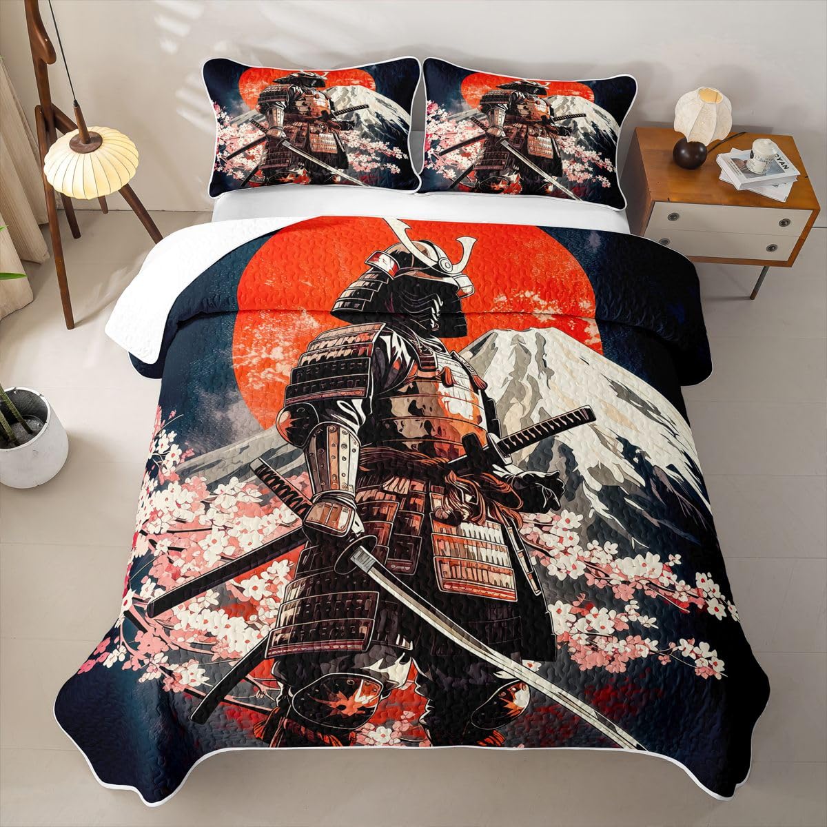 Erosebridal Japanese Samurai Quilt Twin Size - Red Sun Bedspread Sakura Flower Cherry Blossom Bed Coverlet with 1 Pillowcase