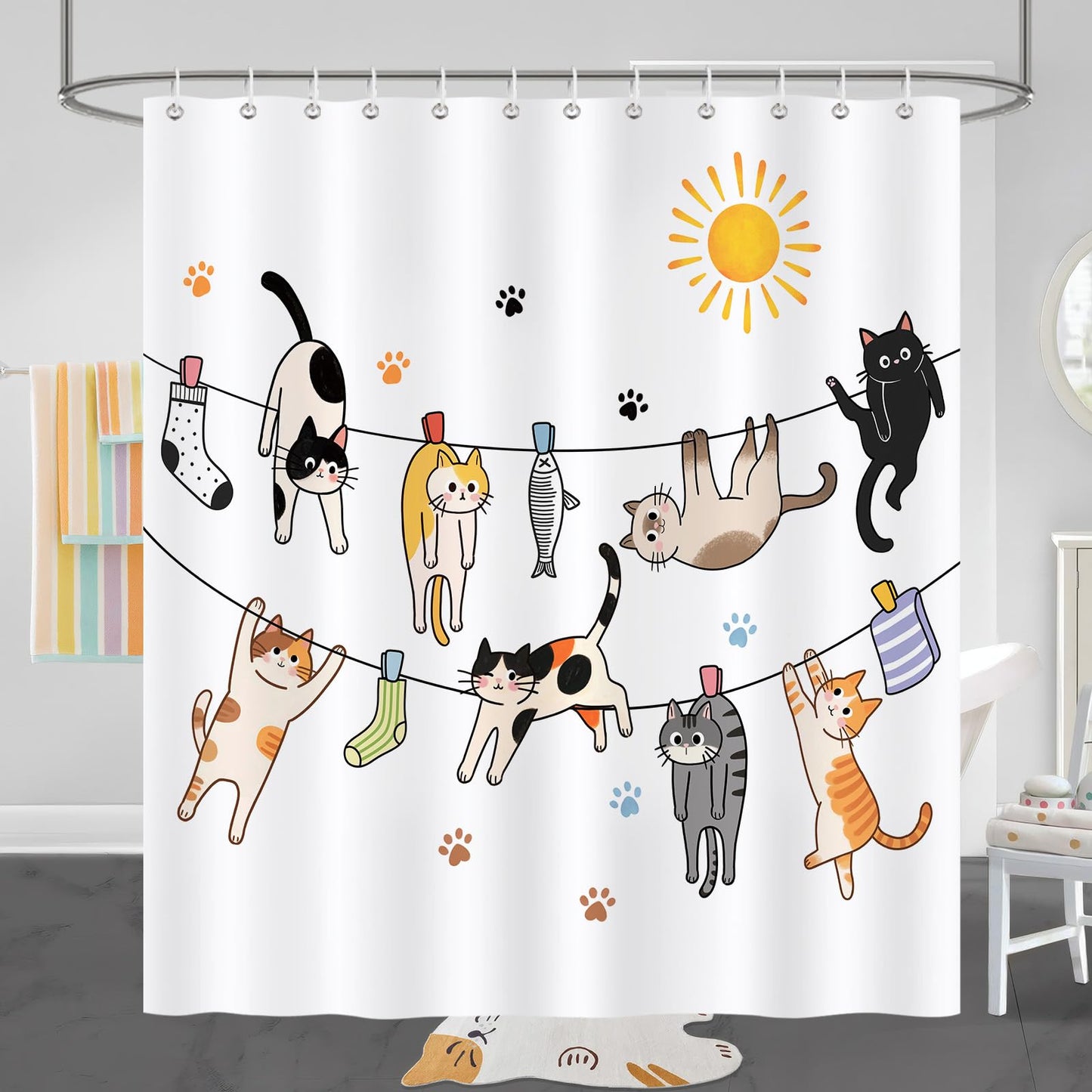 COZZSNUGE Cute Cat Shower Curtain, Funny Kitten Animal Kids Cat Lover Shower Curtain for Bathroom Waterproof Polyester Fabric with 12 Hooks, 72 x 72 Inches