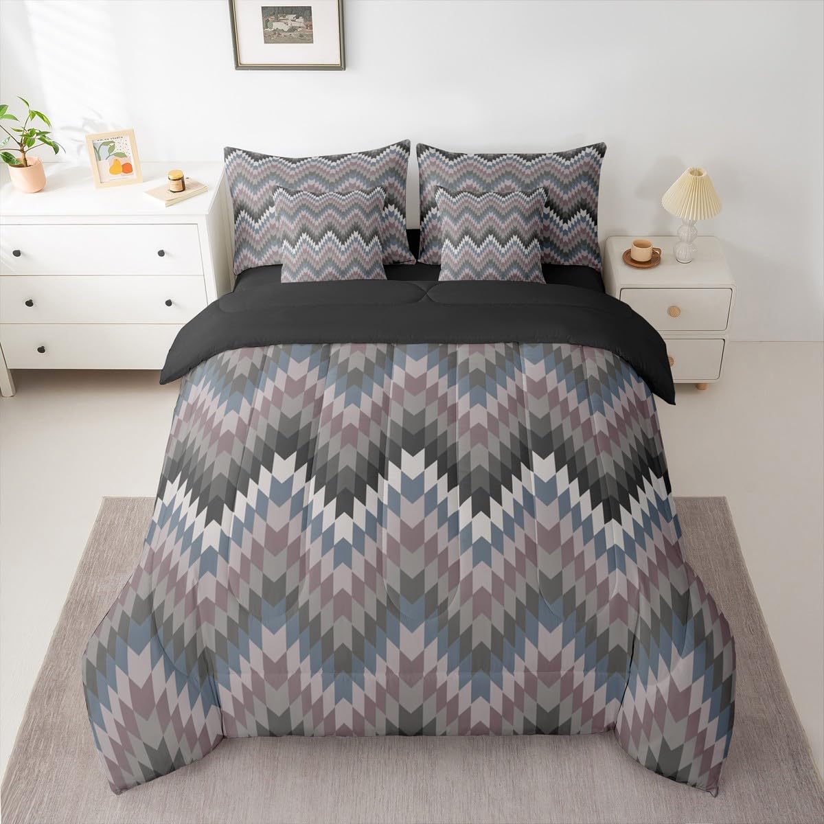 Erosebridal Aztec Geometric Bed in A Bag King 7 Pcs Farmhouse Western Comforter Set for Women Men Country Native American Bedding Sets Black Grey Ethnic Aesthetic Sheet Set with Comforter
