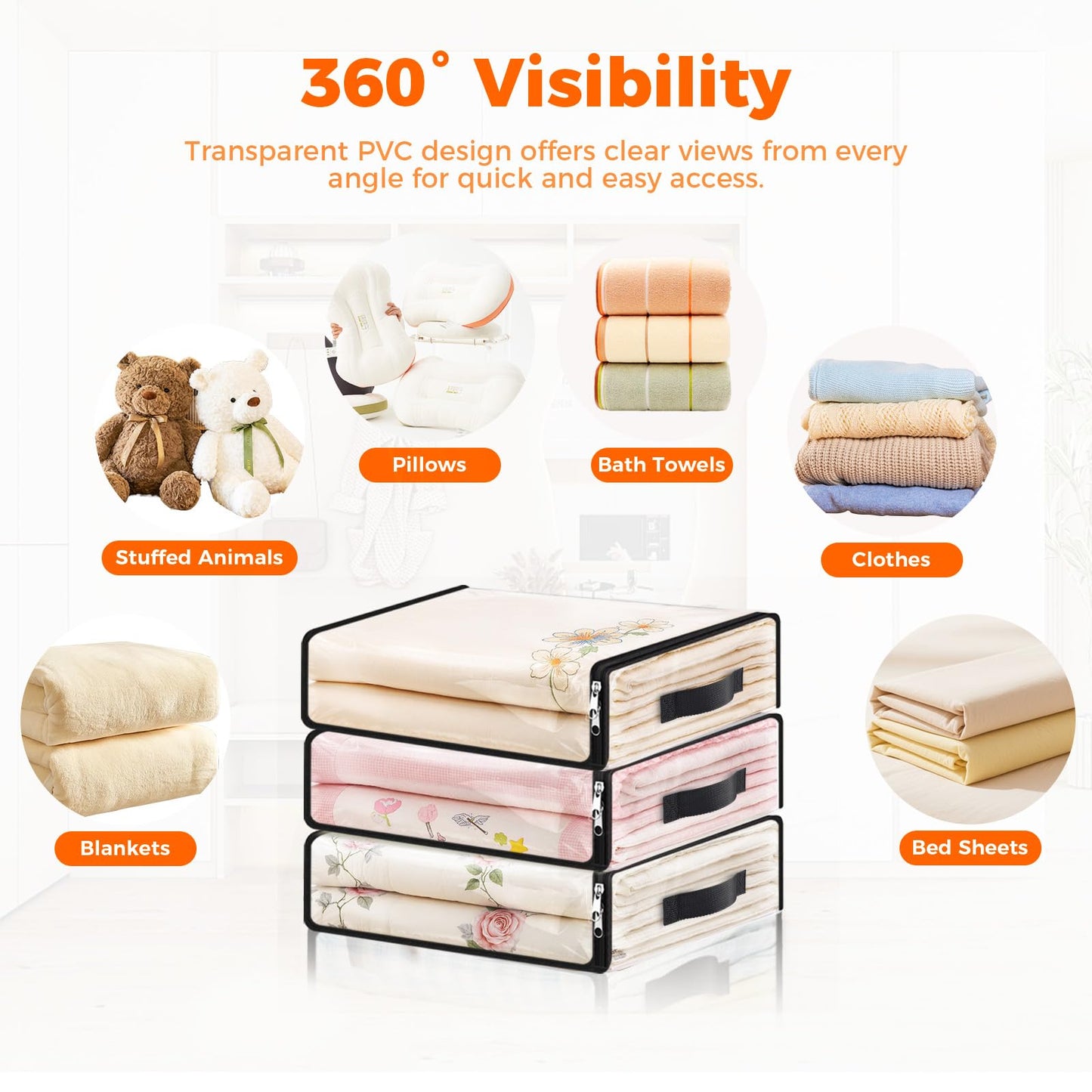 SpaceWhisper 4 Pack Clear Storage Bags, Plastic Blanket Storage Bags with Zipper and Handle, Moving Bags for Comforter, Bedding & Clothes, Closet Organizer and Under Bed Storage (15.7x13.8x3.9 Inch)