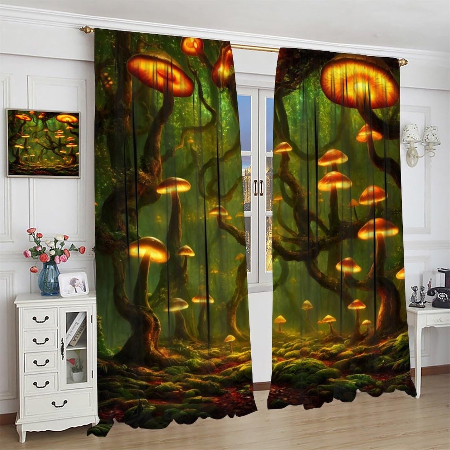 Fantasy Mushrooms Blackout Curtains,Forest Misty Jungle Background Gothic Style Room Darkening Door Window Rod Pocket Curtain for Living Room Bedroom W42xL45in