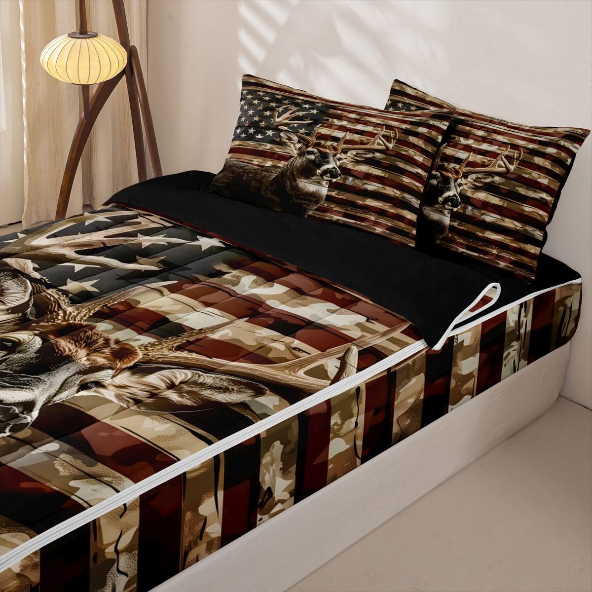 Feelyou American Flag Comforter Set Full Deer Hunting Zipper Bedding Set for Kids Boys Girls Nature Wildlife Bed in a Bag Microfiber with 2 Pillow Cases