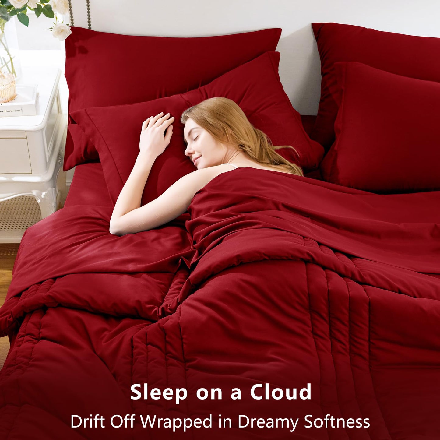 CozyLux Full Size Comforter Sets Dark Red - 7 Pieces Bed in a Bag, Modern Vertical Quilted Room Decor, Soft All-Season Bedding Gift with Comforter, Sheets, Pillowcases & Shams