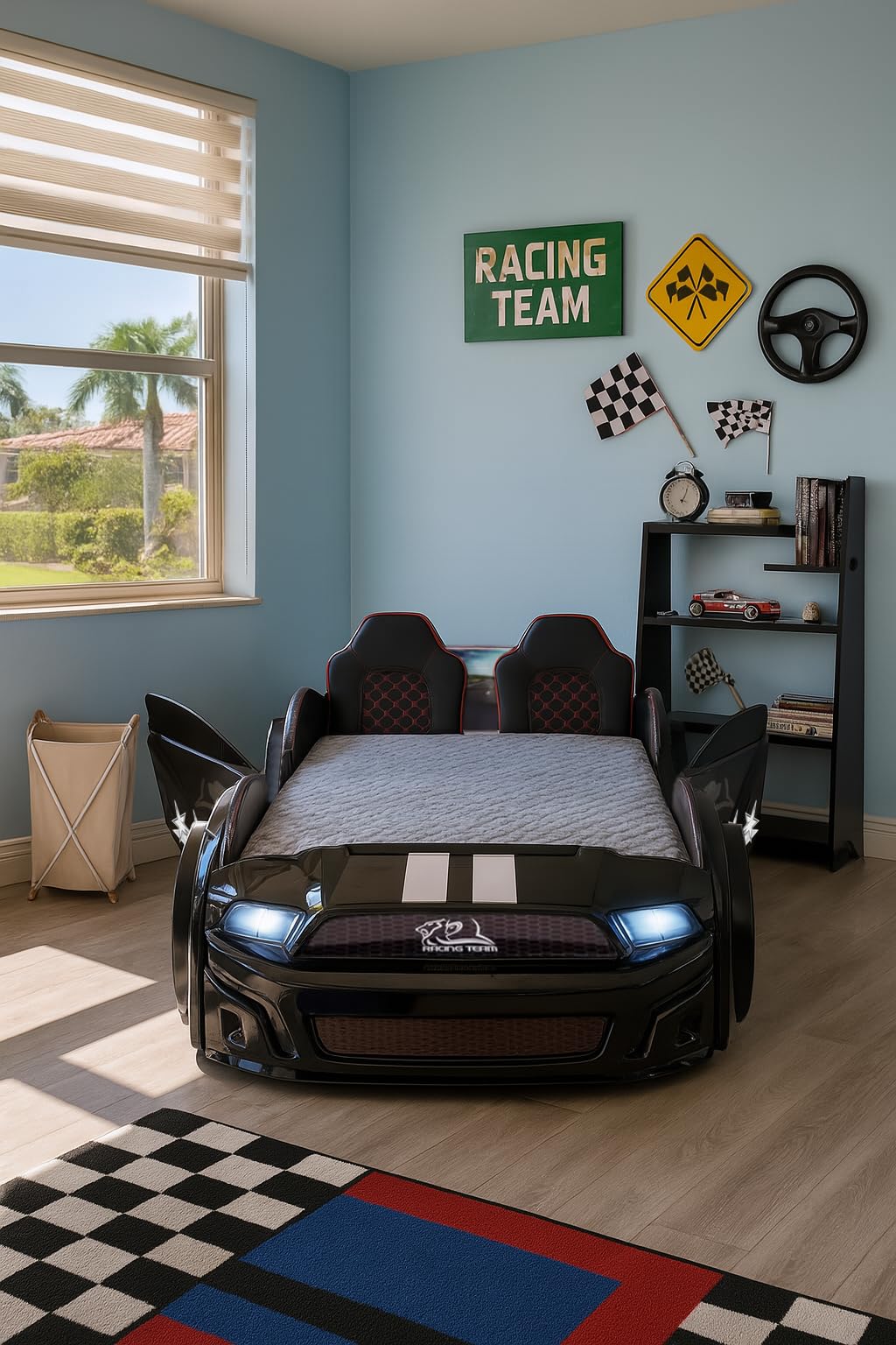 Race Car Bed for Kids, Twin XL Size, LED Lights, Sports Style Design, Black