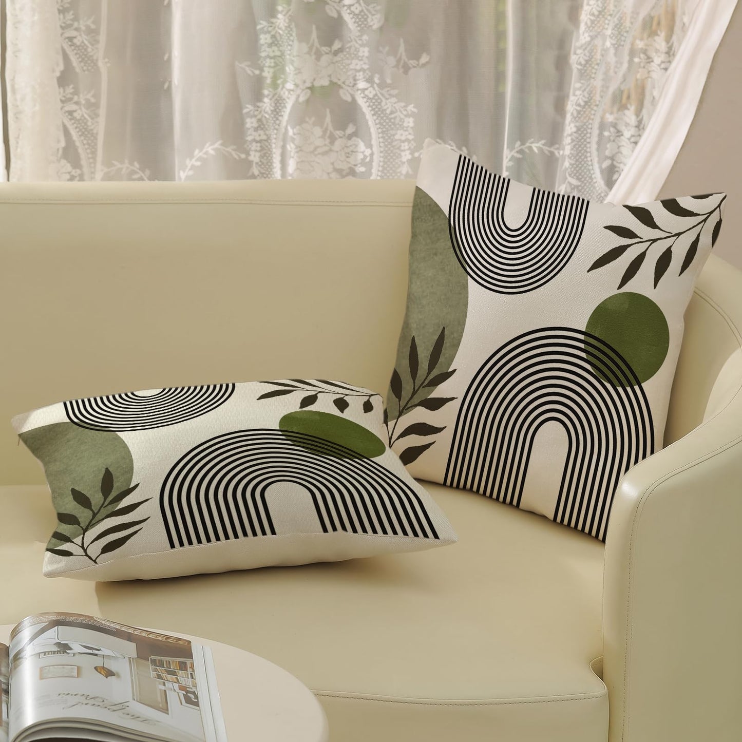 Boho Summer Pillow Covers 18x18 Inch 2 Pcs Sage Green Tropical Leaf Outdoor Decorative Throw Pillows, Mid Century Abstract Art Farmhouse Decor Pillowcase Linen Cushion Cover for Couch Sofa G-6