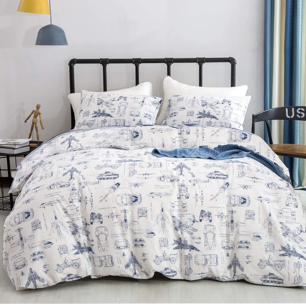 KAREVER Aircraft Comforter Set Full Boys White Cartoon Bedding Set Alternative Comforters Airplane Car Tank Printed White Bedding Blanket Full for Children Teen Boy with Microfiber Inner Insert