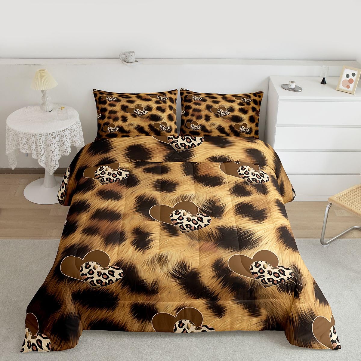 Erosebridal Leopard Print Comforter Set King Brown Leopard Bedding Set Abstract Wild Animal Skin Comforter for Kids Boys Girls,Cheetah Fur Spots Quilt Duvet