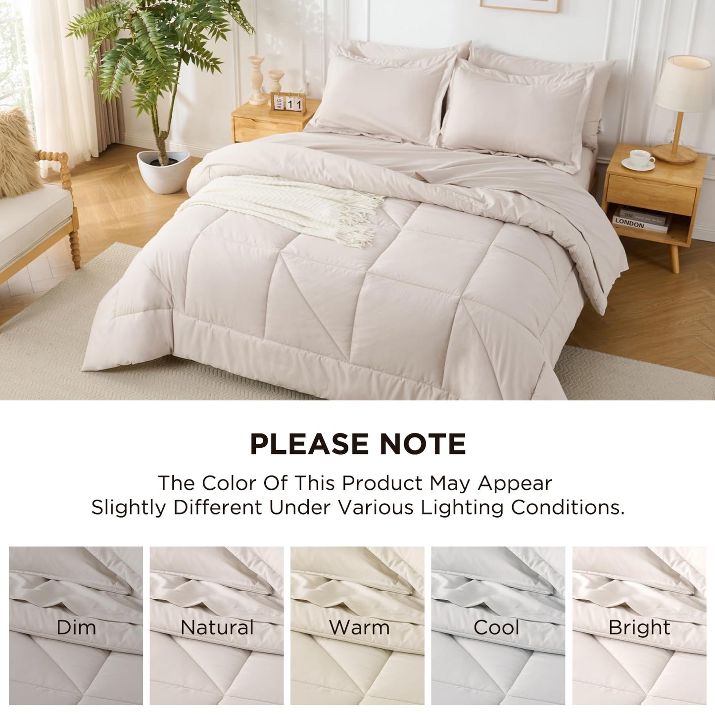 Baskbed 7 Pieces Queen Comforter Set - Utral Soft Microfiber Bedding Set, Thick Duvet Insert Bed in a Bag Without Rustling Noise for All Season, Beige (88"x88")