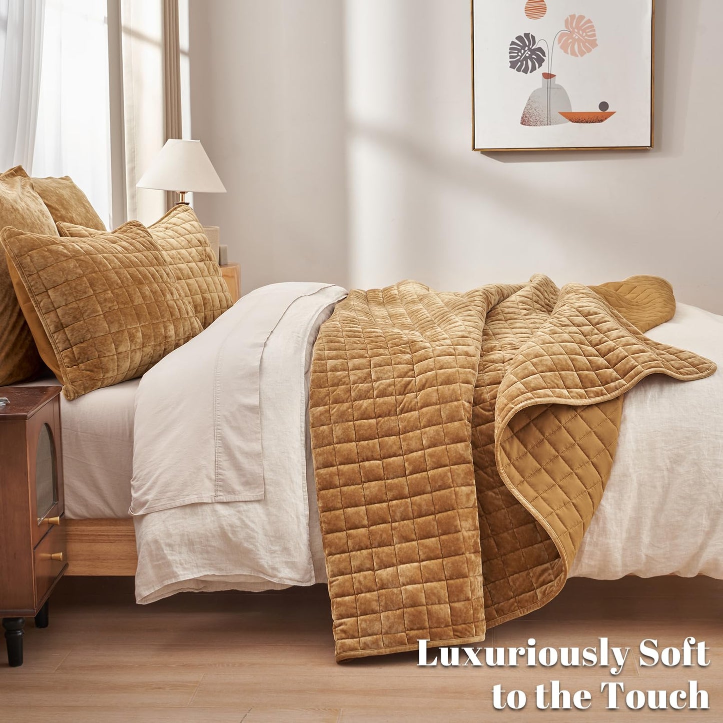 PHF Luxurious Velvet Quilt Set King Size – 3PCS Super Soft Quilted Comforter Alternative with Square-Box Quilt Pattern, Warm Quilted Bedspread Coverlet, 108" x 92", Rusty Burnt Orange