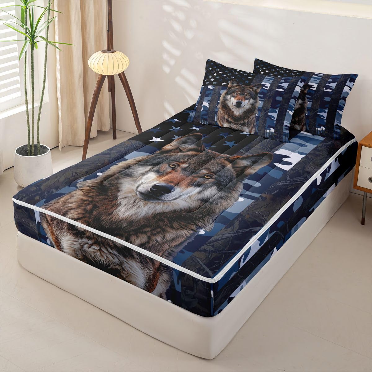 jejeloiu Wolf Hunting Camo Twin Zipper Bedding Set Rustic Western Wolf Kids Comforter Set with Fitted Sheet and 2 Pillowcases American Flag Bed in a Bag Zip Up Bedding Soft Microfiber