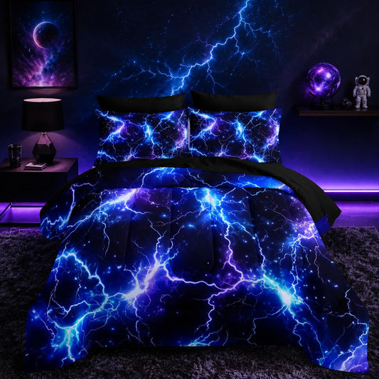 Nttopship Blue Lightning Comforter Set Full Size Bed in A Bag 7PCS,Lightning Bedding Set for Teen Adult Blue Room Decor Ultra-Soft Lightweight All Seasons with Pillowcases,Flat, Fitted Sheet