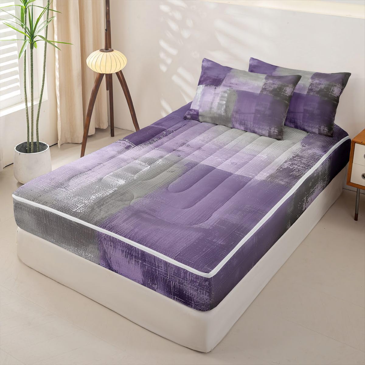 jejeloiu Abstract Zipper Bedding Twin Purple Gray Bedding Sets for Kids Boys Girls Modern Art Comforter Set with Fitted Sheet 2 Pillowcases One Zipper Bed Set for All Seasons