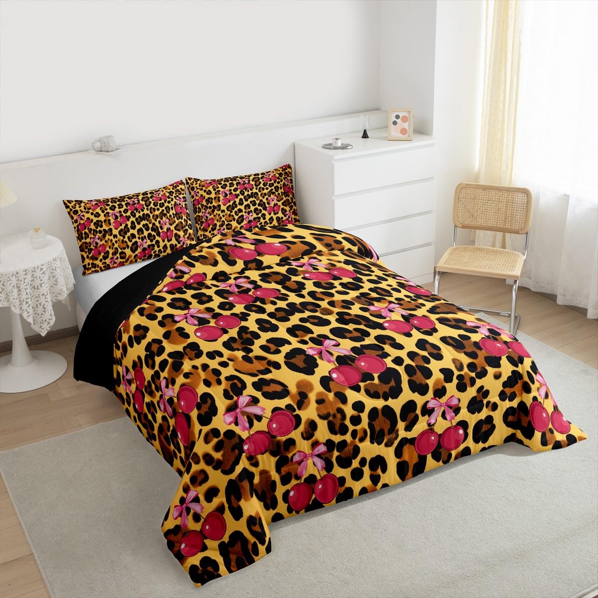 Erosebridal Pink Cherry Bow Comforter Set Leopard Print Full Size Bedding Sets | Cute Ribbon Bowknot Comforter Modern Cheetah Print Bed Set