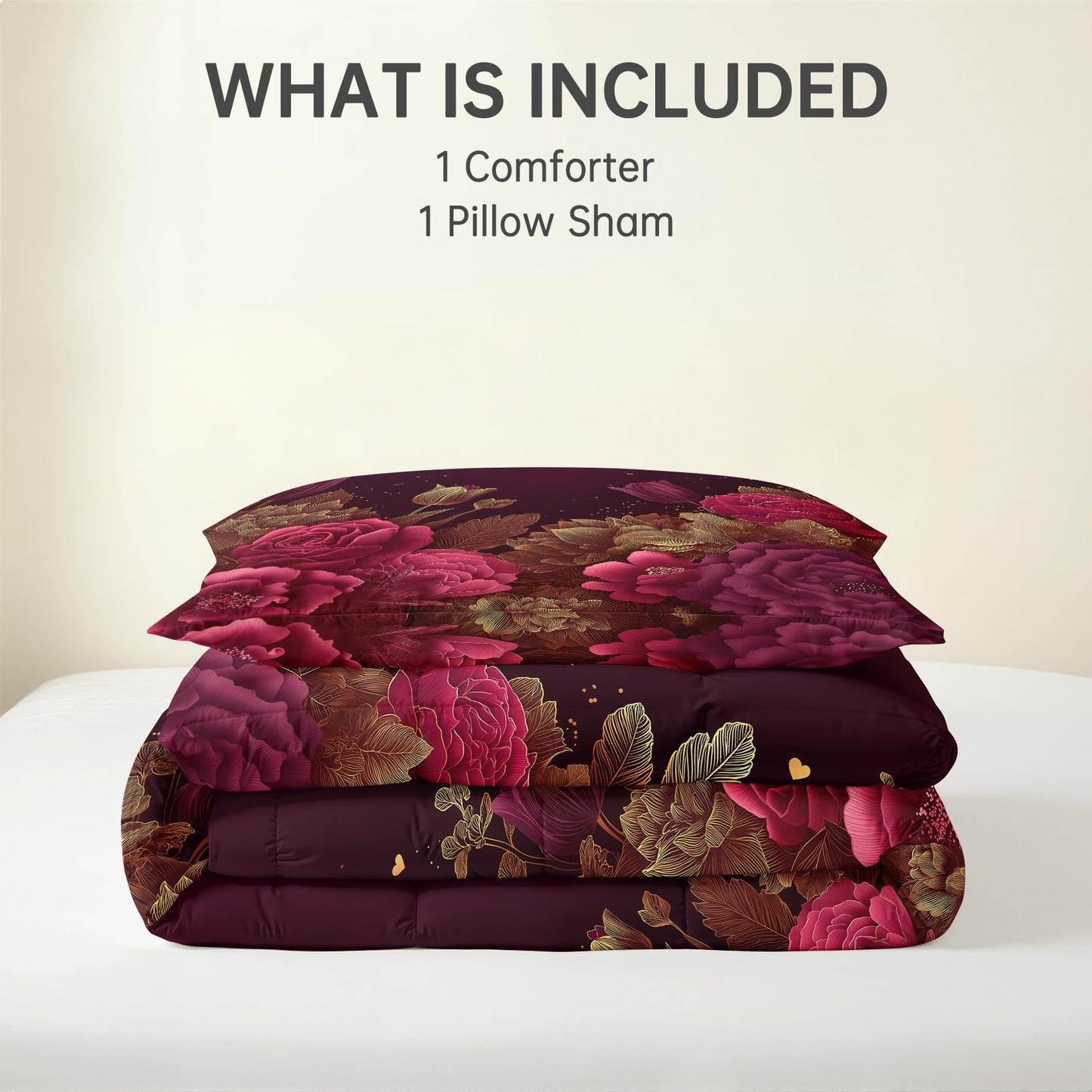Valentines Day Comforter Set Twin Size 2 Pcs - All Season Duvet Insert & Pillowcase, Red and Gold Floral Bedding Set, Soft Lightweight Down Alternative Comforter, Girls Burgundy Bedroom Decor