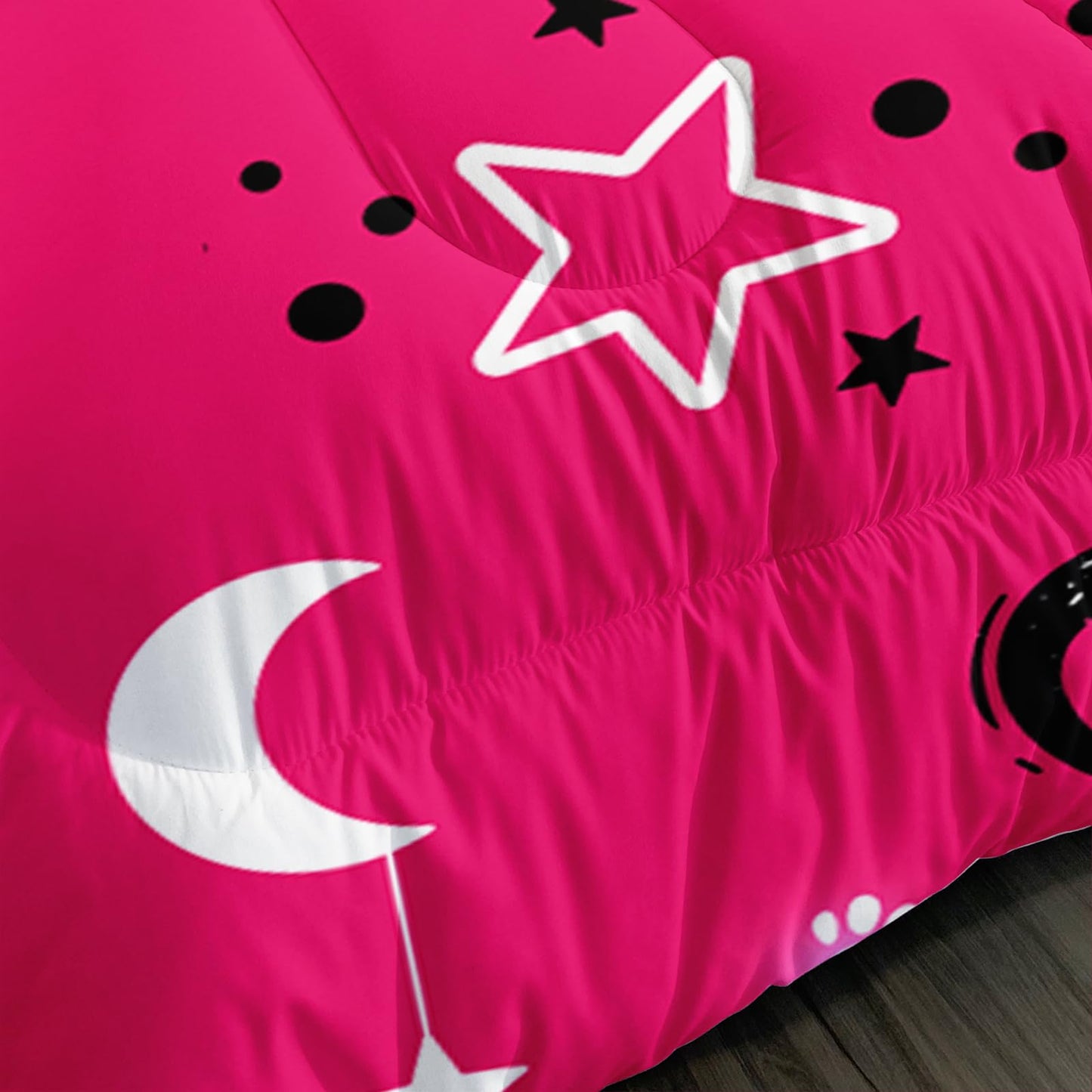 AILONEN Kids Kawaii Black Cat Comforter Set Twin,Cartoon Stars & Moon Bedding Set for Girls,Cute Kitten Printed Pink Duvet with 2 Pillowcases,3-Piece