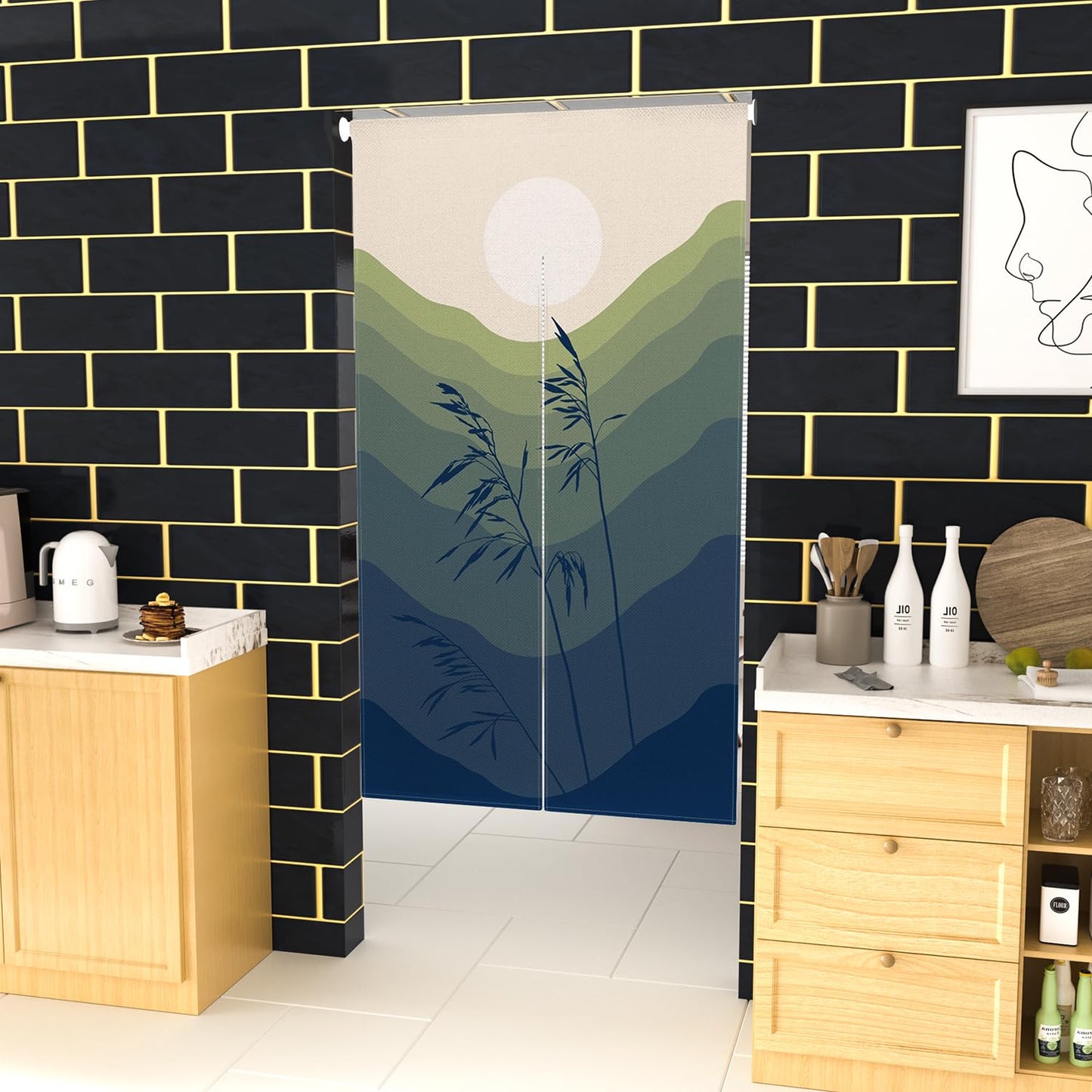 Leowefowa Japanese Double Sided Doorway Curtain Noren Green Mountain Sun Door Hanging Chinese Style Ink Painting Tapestry Window Treatment Bedroom Partition Kithchen Bathroom Door Decor33.5"x 70.9"
