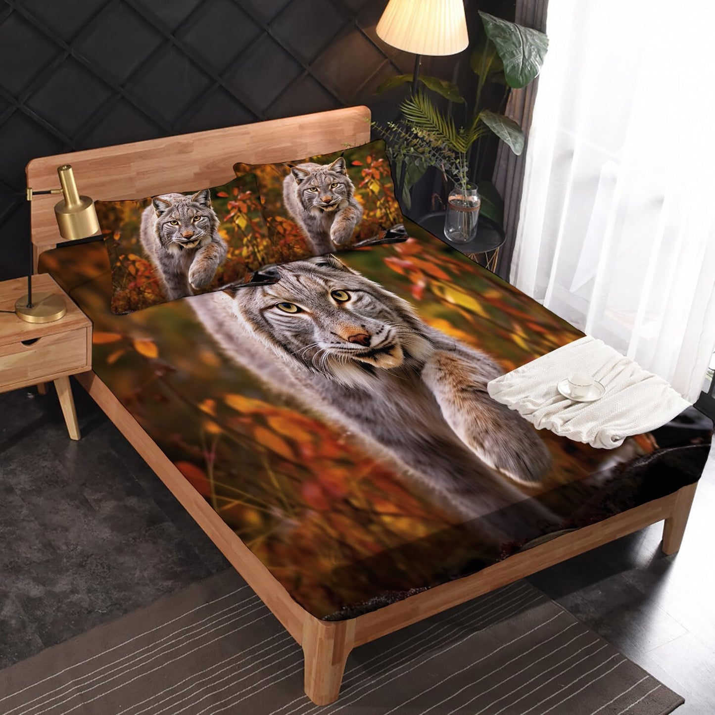 zcsm Lynx Sheets King Sheet Sets - 3D Animal Bed Sheets, Soft Microfiber & Deep Pocket & Wrinkle Free Patterned Bedding Sheets & Pillowcases, 4 Piece (1 Fitted Sheet, 1 Flat Sheet, 2 Pillow Cases)