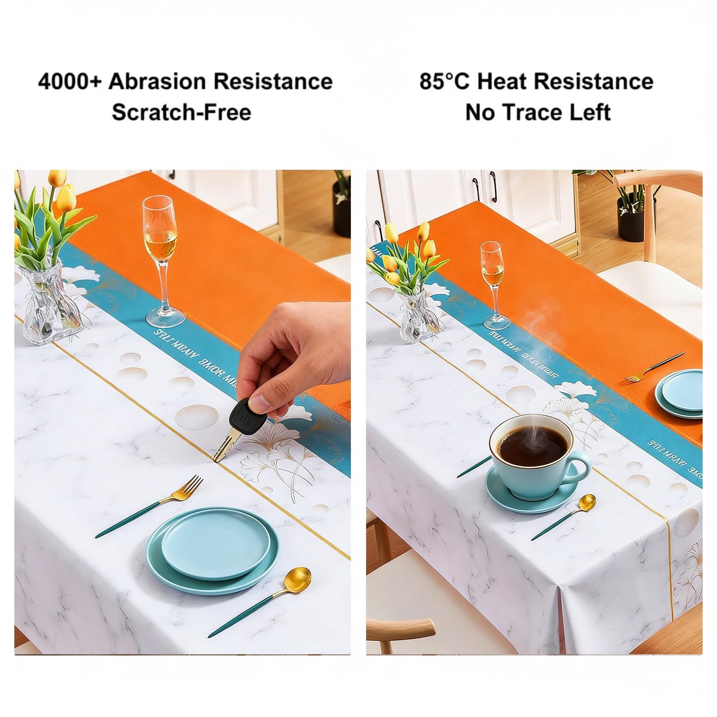 Qvthpv 55 * 70 inch Rectangle Tablecloth, Waterproof, oilproof and heatproof Functions，Just Wipe Gently and There's no Need for Washing for Dining Wedding and Outdoor (Ginkgo - Blue Orange)